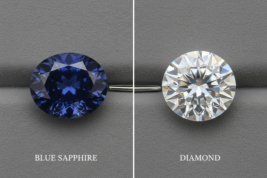 Sapphire vs diamond comparison for engagement rings - natural blue sapphire and diamond side by side