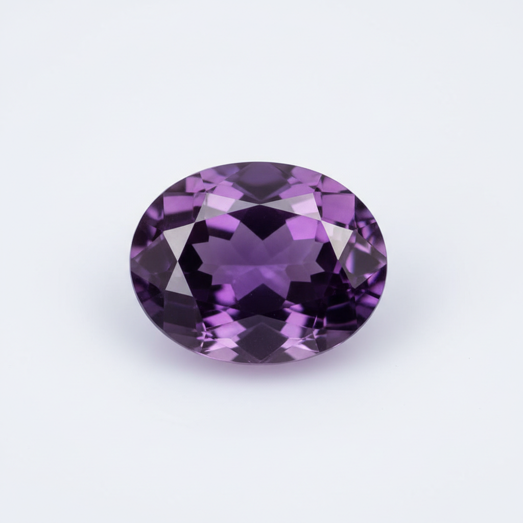 Museum-grade 19.15ct amethyst gemstone oval cut showing deep royal purple color and eye-clean clarity on white background