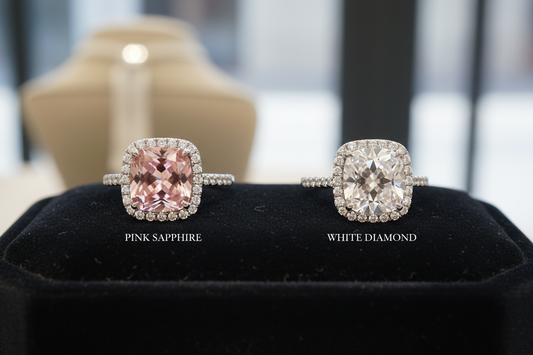 Pink sapphire vs diamond comparison - side by side in engagement rings - save 60-80% with pink sapphires - RichosRocks Australia