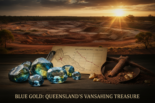  Queensland sapphire mine showing depleted areas with premium parti-color sapphires in foreground, illustrating declining production and increasing scarcity driving investment value
