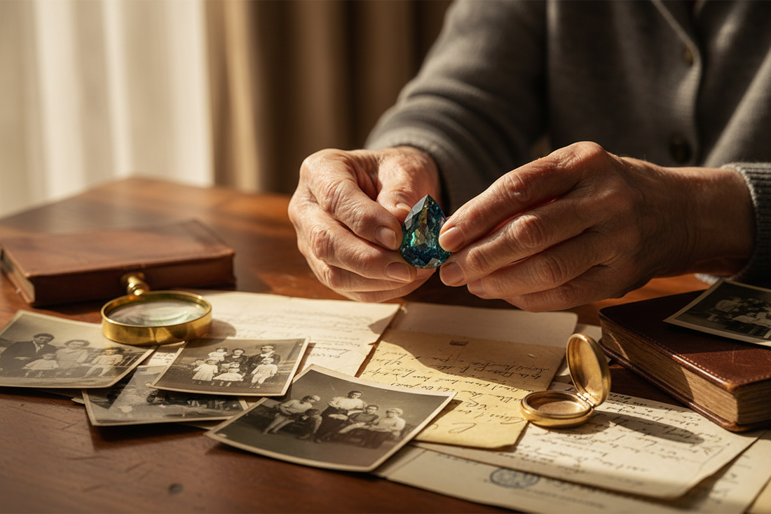  Elderly woman's hands holding vintage Queensland parti-color sapphire with family photographs and handwritten provenance documents, illustrating 60 years of gemstone heritage preservation
