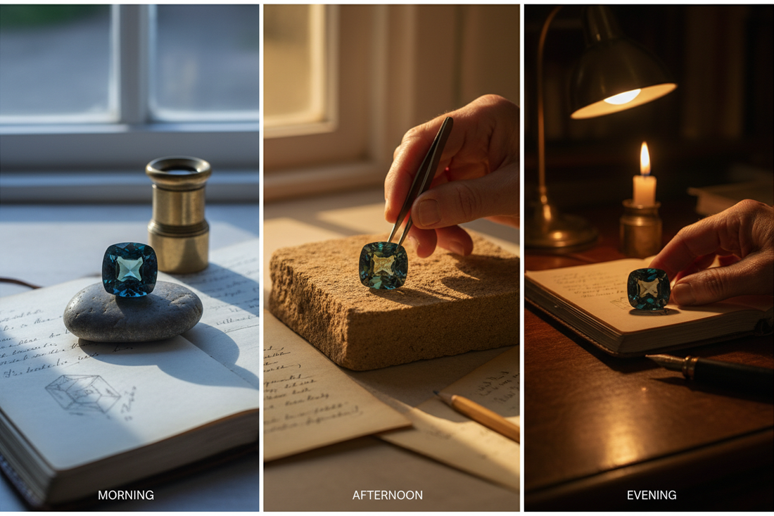  Queensland parti-color sapphire shown in different lighting conditions over time with jeweler's loupe and journal notes, illustrating 40 years of slow appreciation and quality assessment