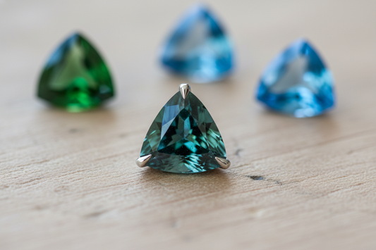 Vibrant trilliant cut gemstones in blue and green shades for unique jewelry design inspiration