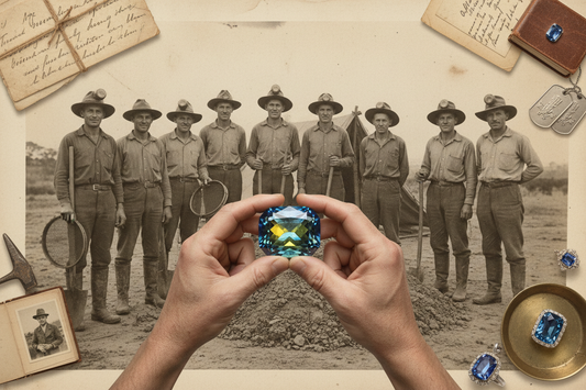 WWII era Queensland miners and vintage family letters juxtaposed with modern parti-color sapphire heirloom, illustrating how mining stones became treasured family legacies across generations