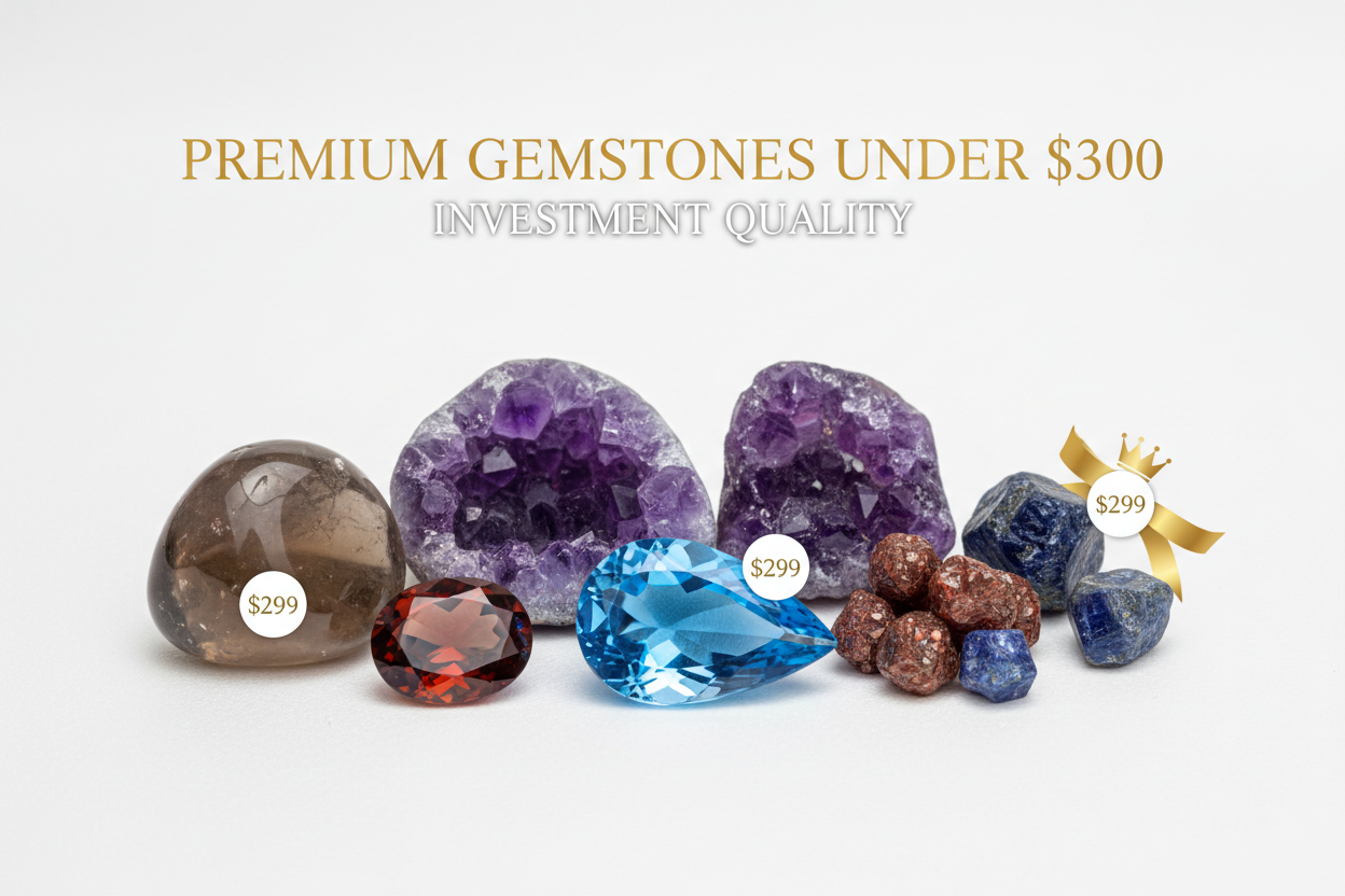 Affordable premium natural gemstones under $300 including amethyst, blue topaz, garnet, Queensland sapphire rough, and smoky quartz for investment and custom jewelry