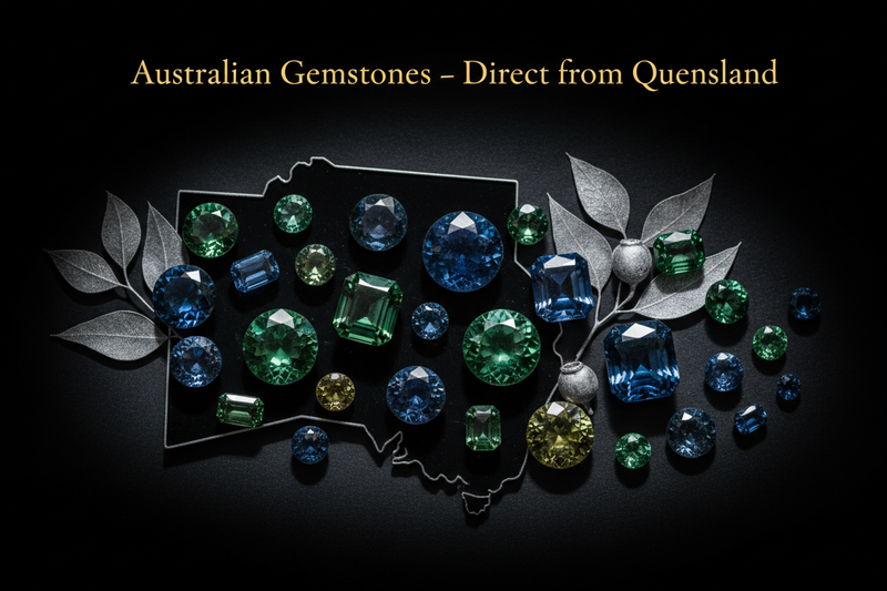 Natural Queensland sapphires and Australian gemstones including parti-color sapphires, blue sapphires, and zircons from Anakie Gemfields with eucalyptus leaves on premium dark background