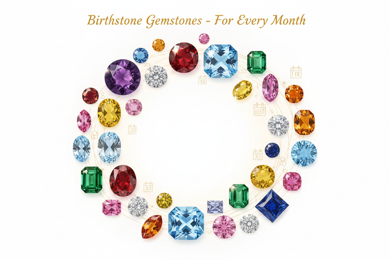 Natural birthstone gemstones for every month including purple amethyst, red garnet, blue aquamarine, and blue topaz arranged in elegant display for jewelry and gifts